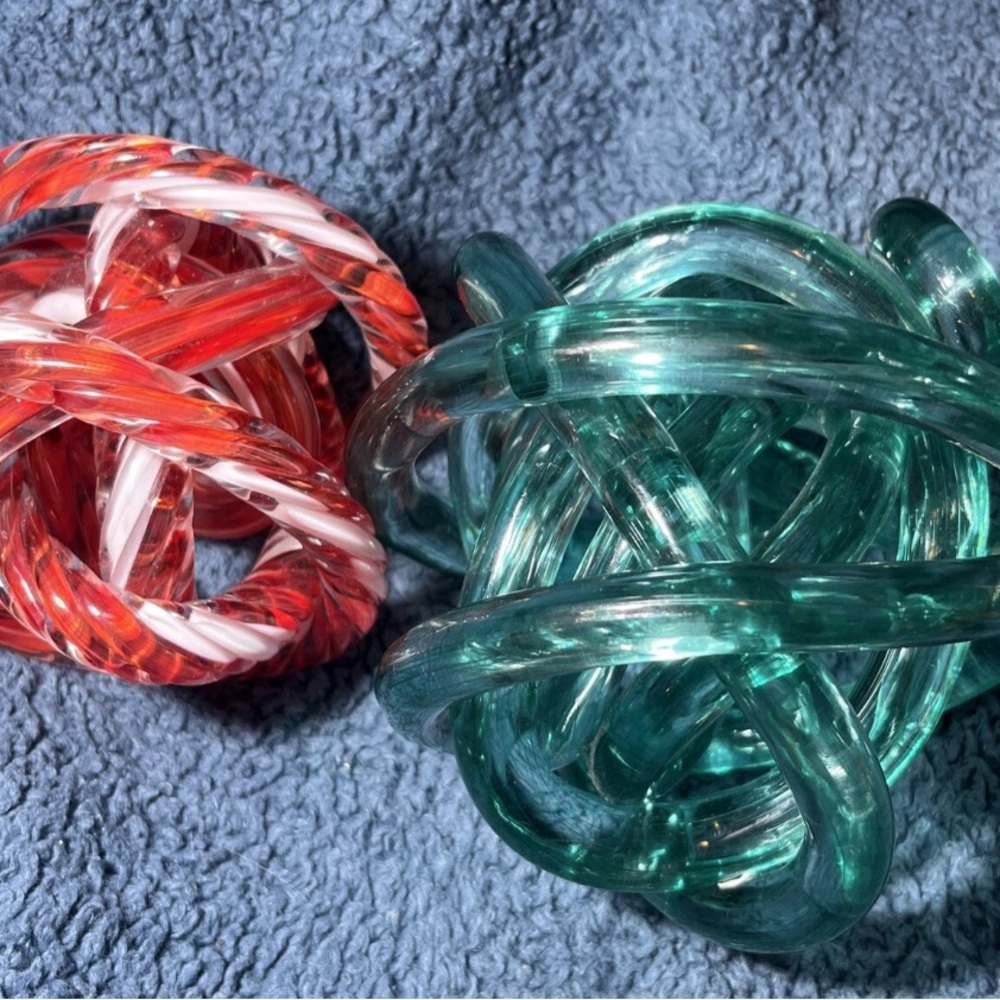2 Blown Glass Infinity Knot Rope Orb Sculpture Blue / Red Art Glass Decor